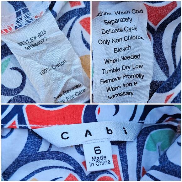 Swirl Print Tank CAbi Keepsake Cami Size 6 Cotton White Orange Zip Smocked Back - Picture 4 of 9